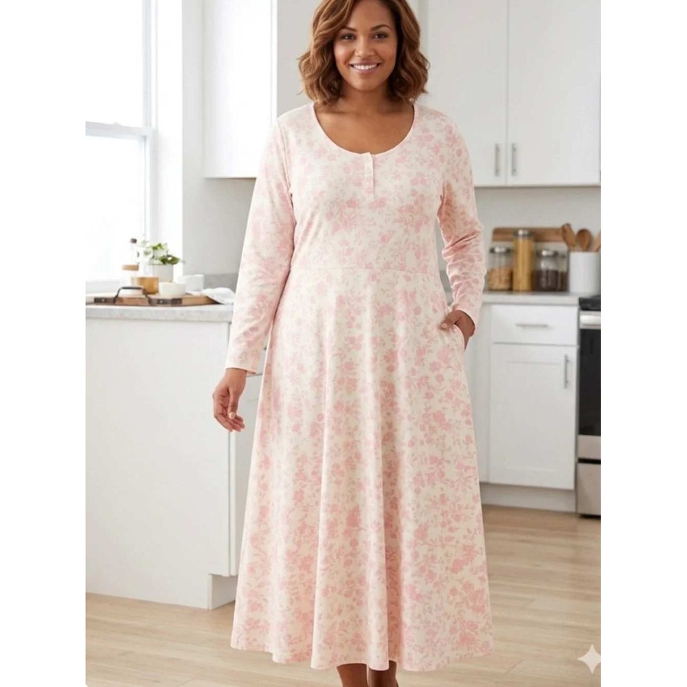 NEW Chaps Toile Floral Henley Maxi Dress XXL Cotton Blend White Pink Cottagecore
